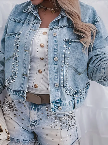 Studded Cropped Denim Jacket by Fleurworld